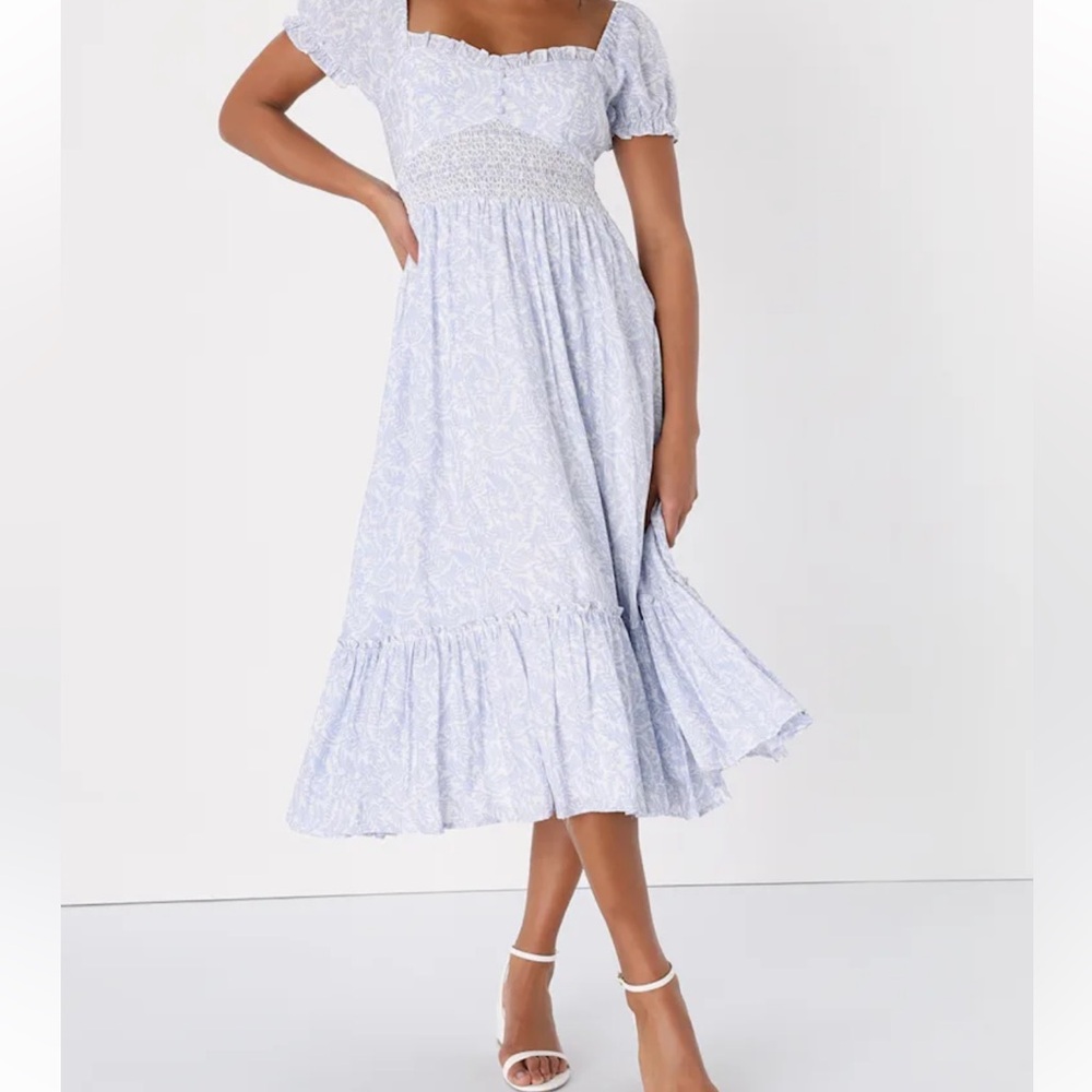 Lulus Dreamy Darling Blue and White Floral Puff Sleeve Midi Dress